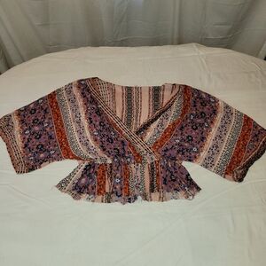 Kori Multicolor Boho Blouse Small Crop Gathered Waist